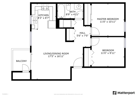 Floor plan for 2 beds, 1 bath, 760 sqft